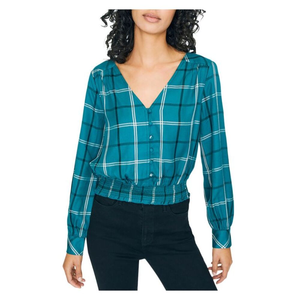 SANCTUARY Womens Teal Plaid Long Sleeve V Neck Top XXL